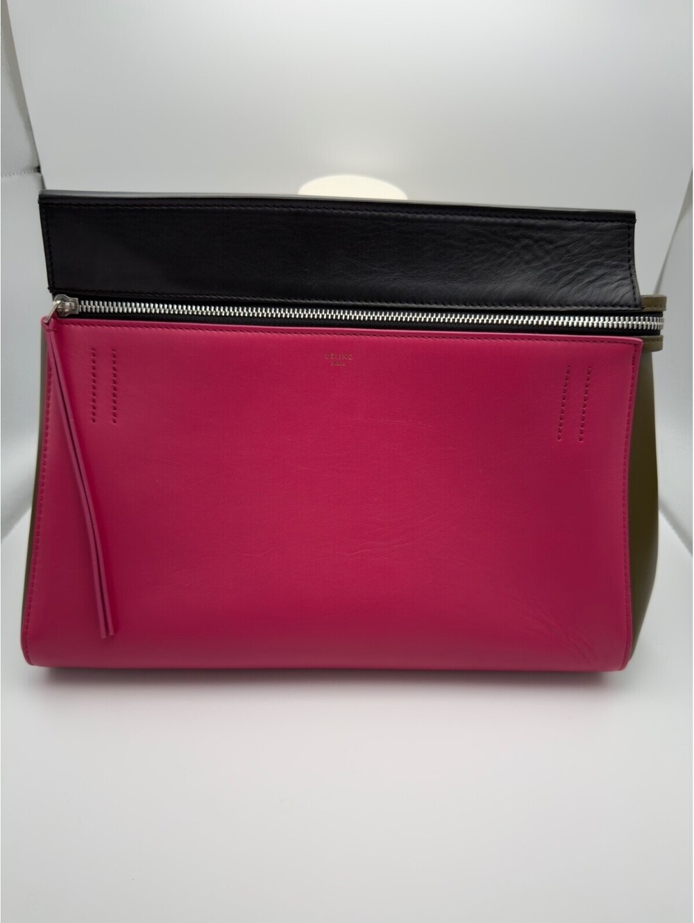 Authentic Celine Small Tricolor Leather Edge Handbag Black Pink Khaki COA